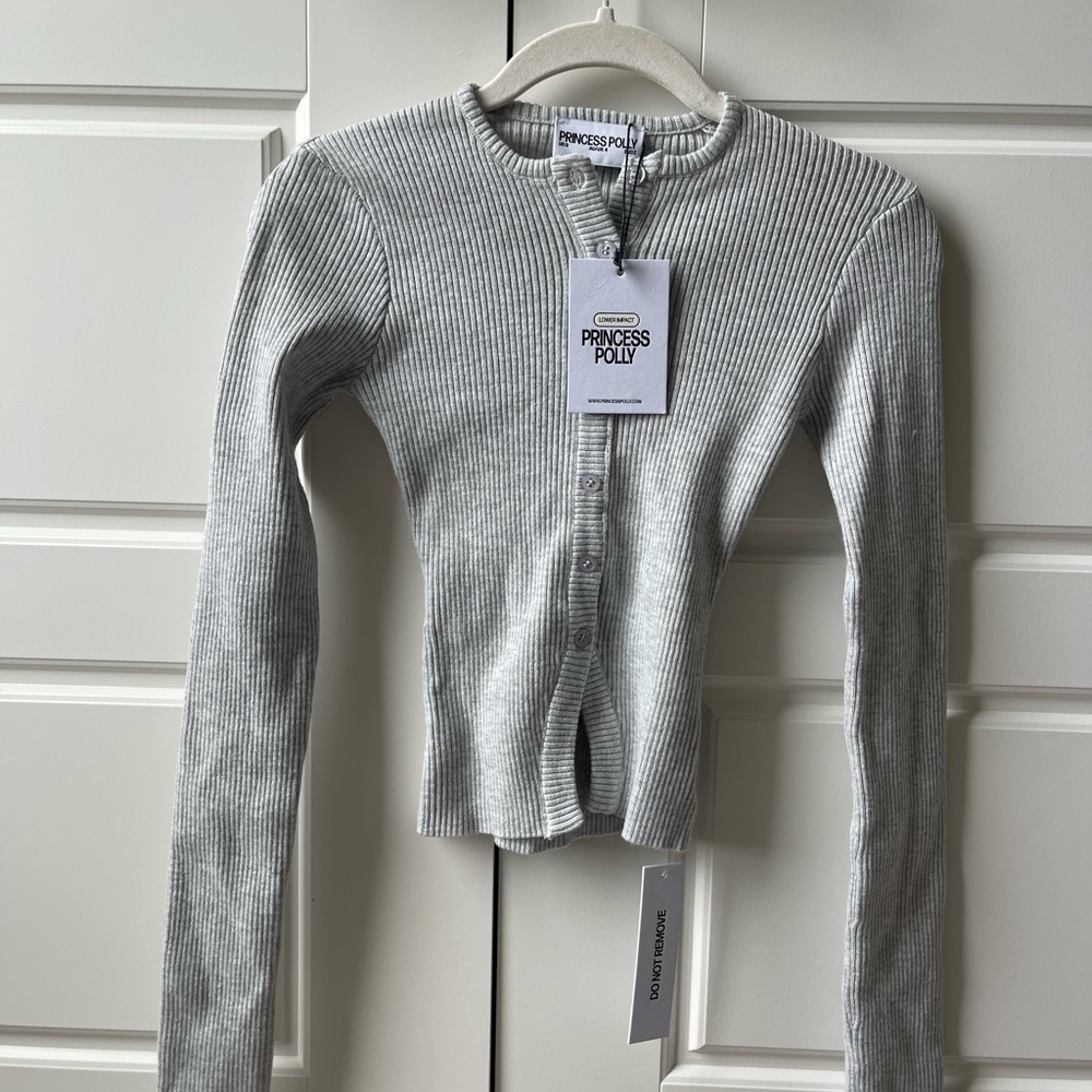 Princess Polly Light Gray Ribbed Cardigan
